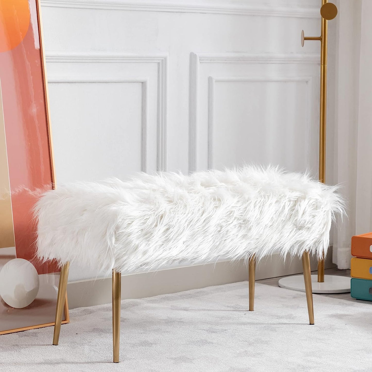 Faux Fur Vanity Bench Fluffy Entryway Bench Furry Ottoman Bench End of Bed Stool with Metal Gold Legs for Living Room Bedroom, White