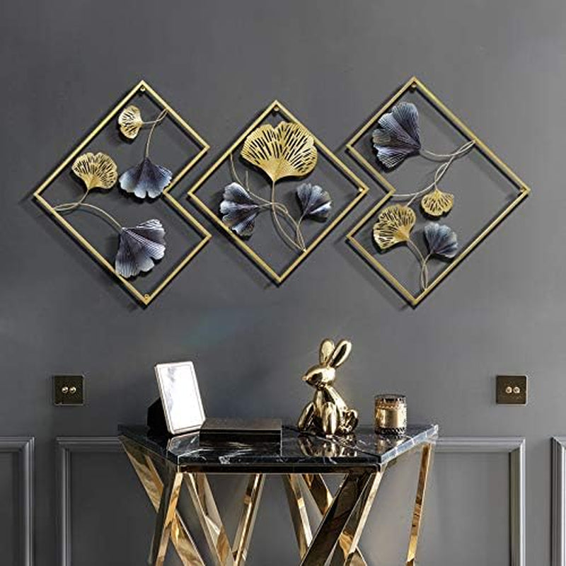 Iron Wall Sculptures - Set of 3 Diamond Shaped Metal Wall Decor with Gingko Biloba Art Great for Home Hotel Decoration(Gold&Gray)