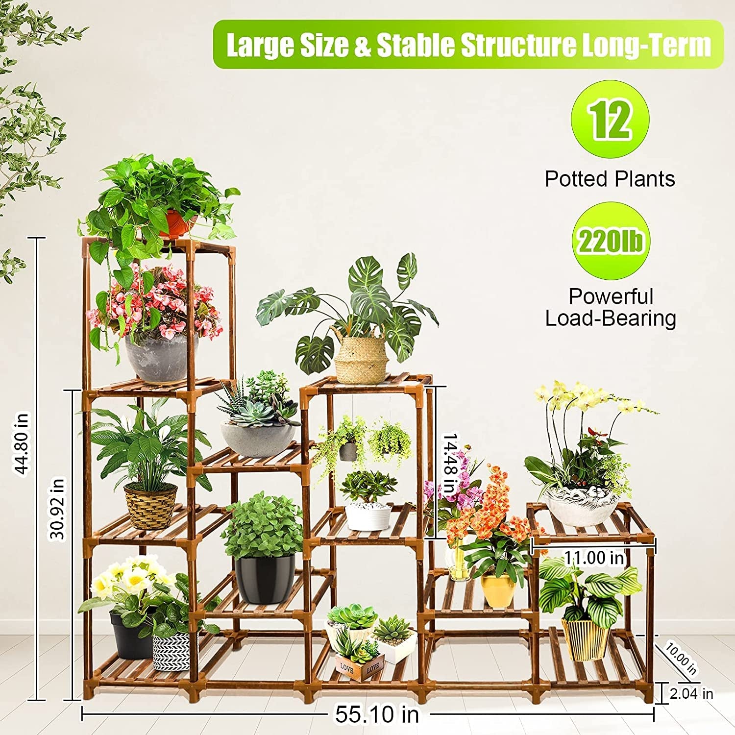 Plant Stand Indoor Outdoor, Large12 Tier Tall Wood Plant Stands Multiple Plants Shelf, 44" Plant Holder Indoor Shelves Display Rack for Living Room Corner Garden Balcony