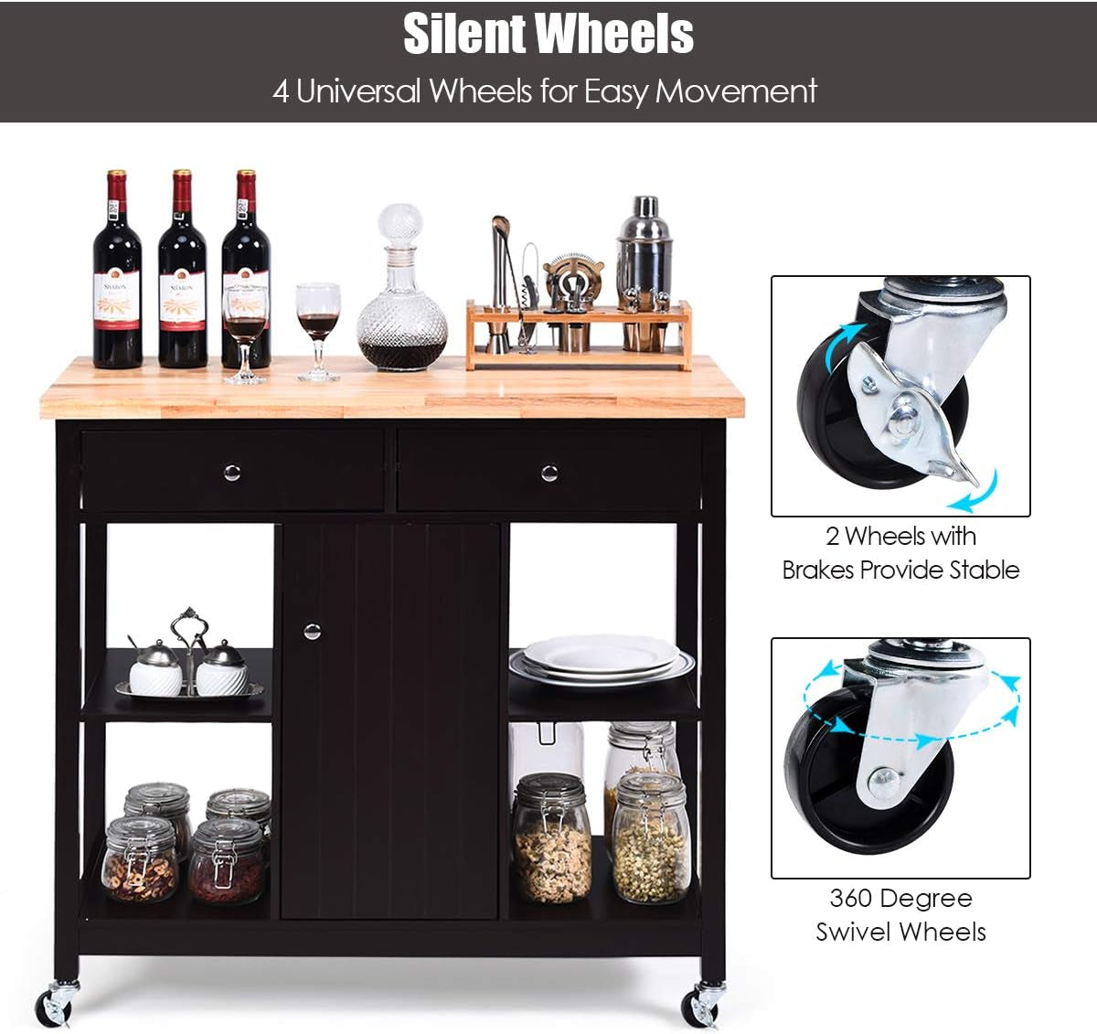 Kitchen Island on Wheels Kitchen Carts with Storage and Drawers, Wine Rack, Shelves, Glass Holder, Wood Top, Kitchen Rolling Cart Suitable for Home and Restaurant Kitchen Trolley (Brown)