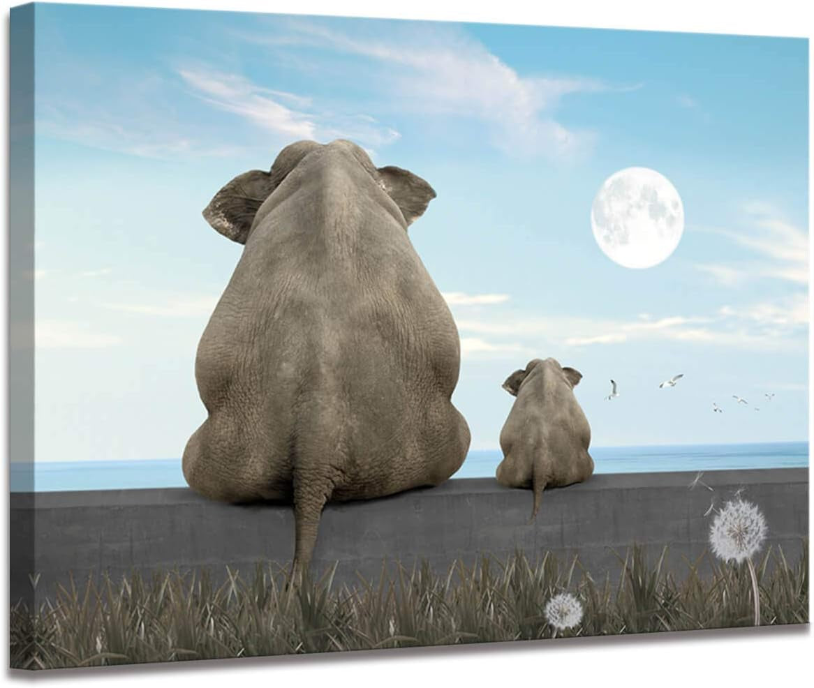 Canvas Wall Art Animal Elephant Elephant Wall Art Dandelion Ｗall Art Elephant Watching Moon African Art Wall Decoration Elephant Picture Canvas Picture Print Canvas Elastic Artwork Ready to Hang